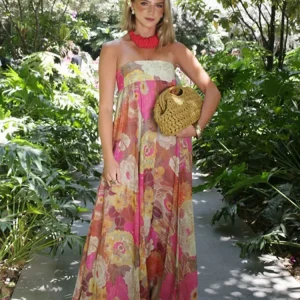 Elegant Pleated High Waist Sleeveless Party Gown Women's Summer Strapless Maxi Dresses Chic Printed Loose Hem Evening Dress Lady