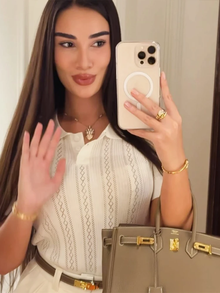 Solid Hollow Out Polo Shirt Women Fashion Turndown Collar Causal Short Sleeve Cropped Top 2025 Autumn Office Lady Street Outwear - Image 4