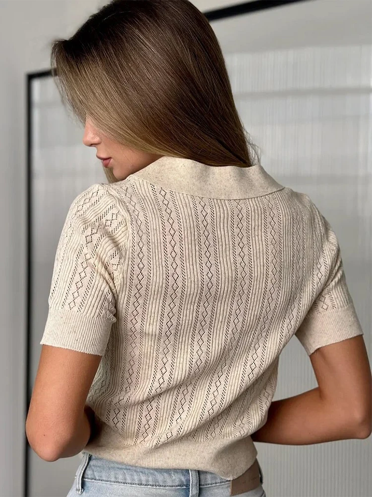 Solid Hollow Out Polo Shirt Women Fashion Turndown Collar Causal Short Sleeve Cropped Top 2025 Autumn Office Lady Street Outwear - Image 6