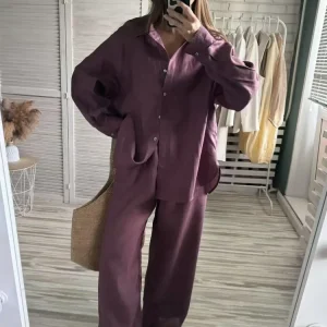 Cotton Linen Lapel Shirt Wild Leg Pants Sets Summer Casual Suit Loose Fit Lady Fashion Outfit Trendy 2025 Women's Pants Set Lady