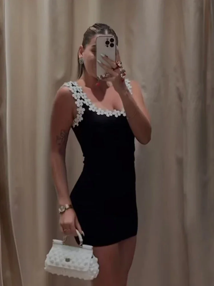 2025 Summer Floral Patchwork Slim Dresses Sexy Backless Mini Dress Women Square Neck Sleeveless White Beach Vacation Party Robes - Image 6