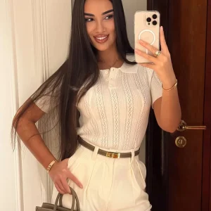 Solid Hollow Out Polo Shirt Women Fashion Turndown Collar Causal Short Sleeve Cropped Top 2025 Autumn Office Lady Street Outwear