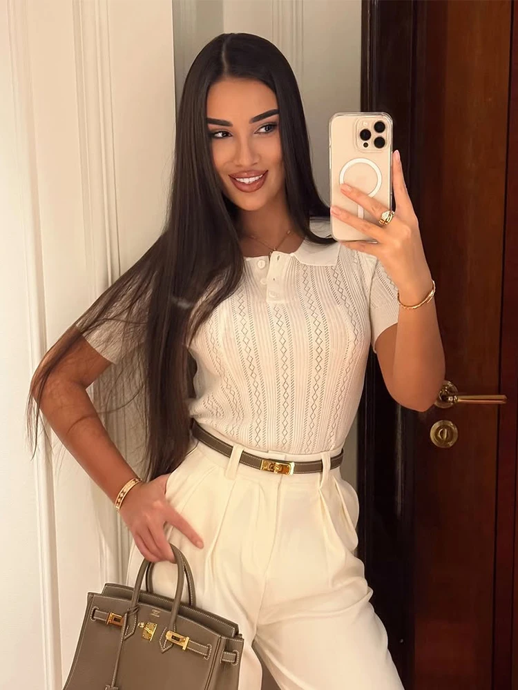 Solid Hollow Out Polo Shirt Women Fashion Turndown Collar Causal Short Sleeve Cropped Top 2025 Autumn Office Lady Street Outwear