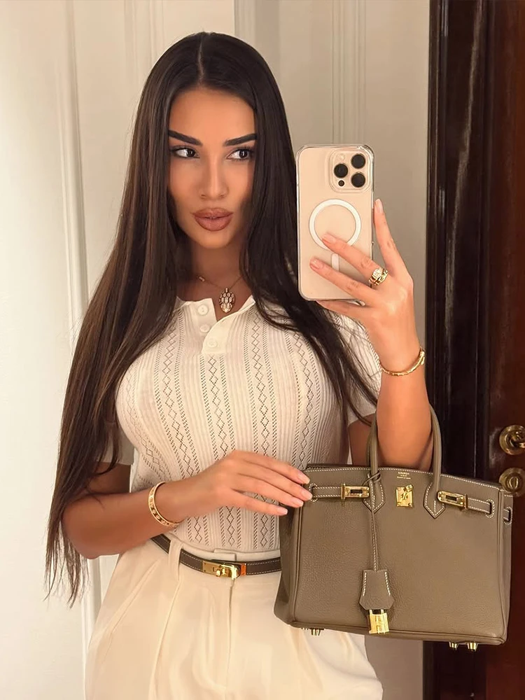 Solid Hollow Out Polo Shirt Women Fashion Turndown Collar Causal Short Sleeve Cropped Top 2025 Autumn Office Lady Street Outwear - Image 3