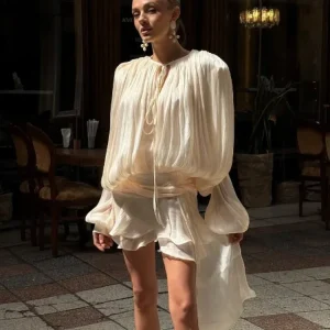 Chic 2025 Women White Mini Dresses Patchwork Layered A-line Bubble Flared Sleeve Party Outfit Vestido Casual Dinner Lady Fashion