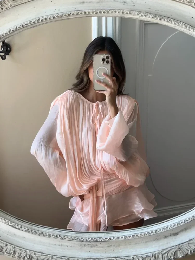 Women's Pink Patchwork Dresses A-line Bubble Short Lace Up Round Neck Flared Sleeve Vestidos 2025 Summer Ladies Party Chic Dress - Image 4