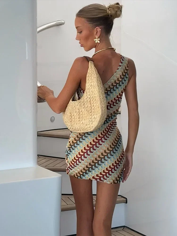 Summer Beach Knitted Stripe Printe Mini Dress Women's Casual Backless Slanted Shoulder Slim Fit Dresses 2025 Holiday Lady Robes - Image 4