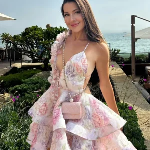 Sexy Women's 3D Flower Print Dresses Summer Backless Sleeveless Mini Dress V-Neck Layered Ruffle A-Line Vestidos Vacation Chic