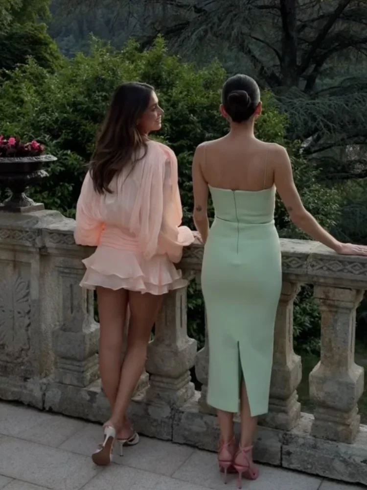 Women's Pink Patchwork Dresses A-line Bubble Short Lace Up Round Neck Flared Sleeve Vestidos 2025 Summer Ladies Party Chic Dress - Image 3