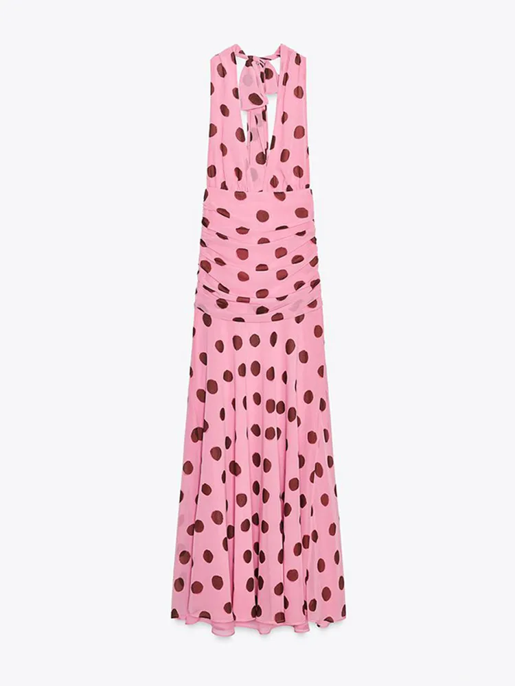Chic Dot Printed Pleated Halter Dresses Elegant Beach Backless Vestido 2025 Women Sexy Sleeveless Party Maxi Gowns Lady Summer - Image 6