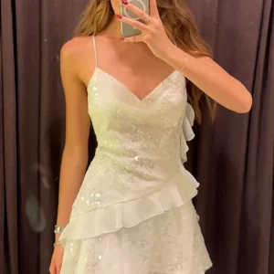 2025 Women's Elegant White Sequin Prom Dresses Halter Neck Backless Sleeveless V-neck Summer Party Vestidos Layered Ruffle Gowns