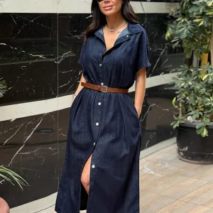 Chic Women's Denim Dress Retro Lapel Short Sleeve Robe With Belt High Waist Elegant Casual Summer 2025 Street Style Commute Wear
